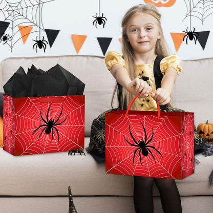 Abilat Large Spider Gift Bag with Tissue Paper and Greeting Card Red Spider Web Birthday Party Favor Wrapping Bag for Boys Men Valentine Halloween Party Decorations