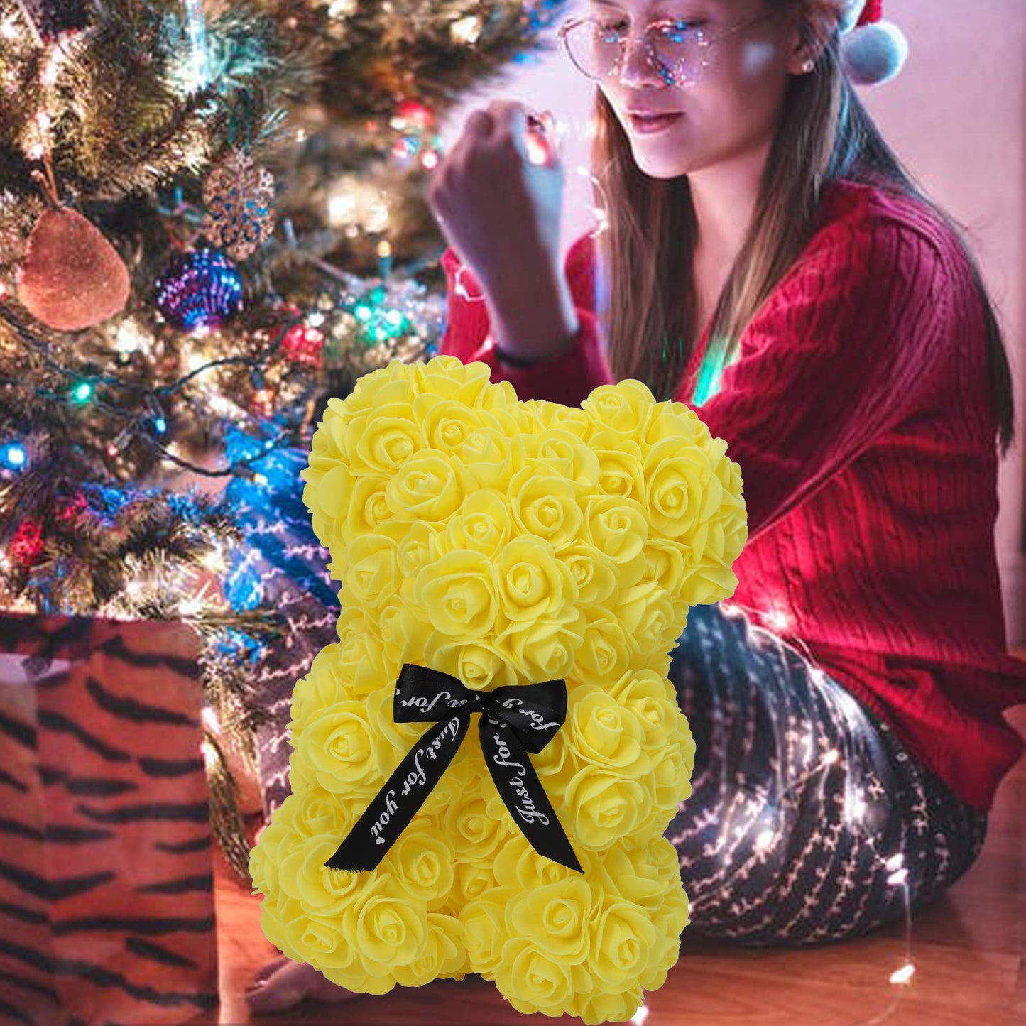 LINKLO Rose Bear Rose Teddy Bear -10 inch Artificial Rose Flower Bear, Gift for Wedding, Mothers Day and Anniversary, Including Transparent Gift Box (Yellow)
