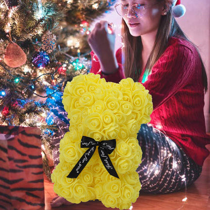 LINKLO Rose Bear Rose Teddy Bear -10 inch Artificial Rose Flower Bear, Gift for Wedding, Mothers Day and Anniversary, Including Transparent Gift Box (Yellow)