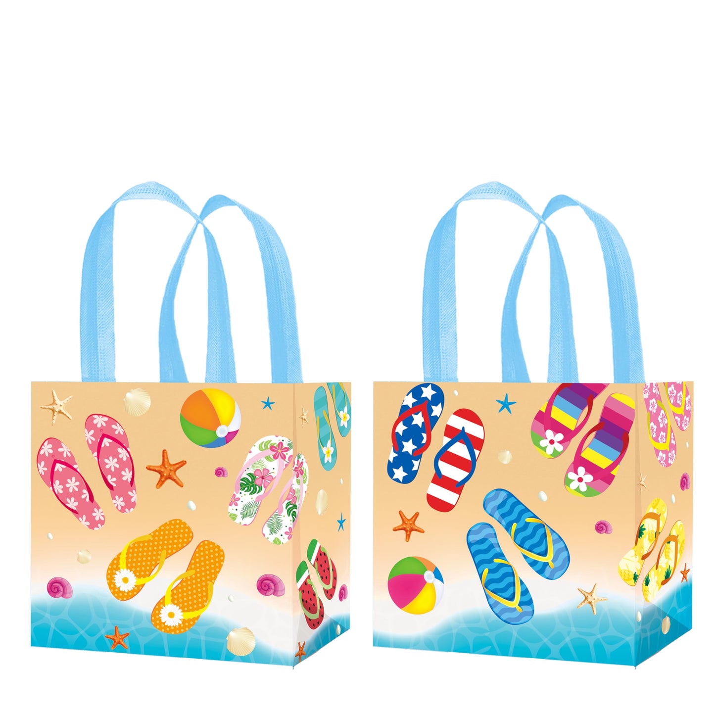 C L cooper life 12pcs Beach Flip-Flop Gift Treat Bags with Handles Summer Party Grocery Shopping Bags Flip-flop Beach Ball Theme Non-Woven Bag for Hello Summer Birthday Party Supplies