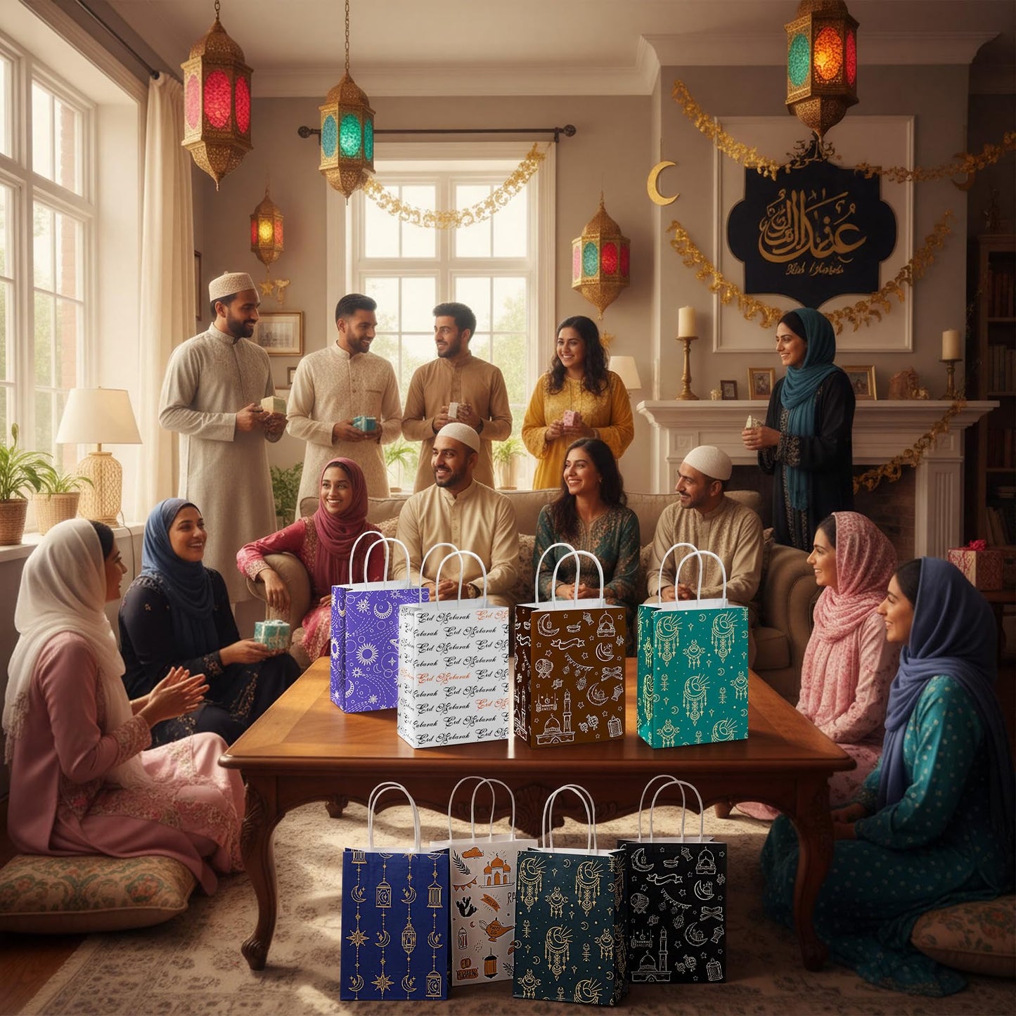 Epakh 24 Pcs Eid Mubarak Paper Gift Bags with Handle Ramadan Goodies Bags Moon Stars Lantern Ramadan Kareem for Islamic Muslim Party Favor Al Fitr Party