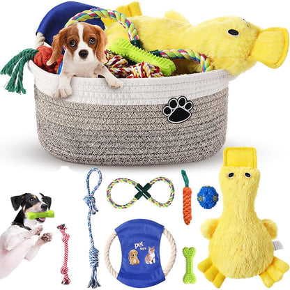Zopeal Puppy Dog Toy Gift Storage Basket with Dog Toys Set Chew Toys Birthday Gift Basket Teething Interactive Squeaky Duck for Teething Small Medium Large Dogs(Khaki)