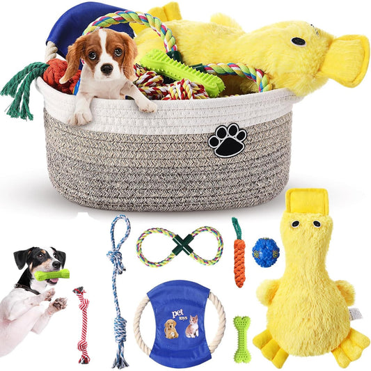 Zopeal Puppy Dog Toy Gift Storage Basket with Dog Toys Set Chew Toys Birthday Gift Basket Teething Interactive Squeaky Duck for Teething Small Medium Large Dogs(Khaki)