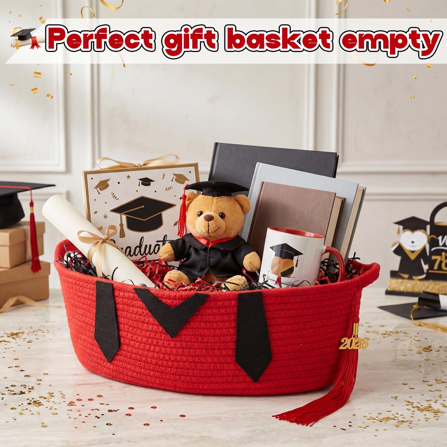 Colingmill 2 Pack Class of 2026 Graduation Empty Gift Basket 14''x10''x5.5'' Woven Rope Basket Empty to Fill with Grad Design Bag Ribbon Card Tassel, Decorative DIY Congrat Gift(Red and Black)