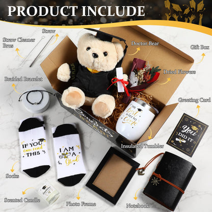 FoldTier Graduation Gifts 2026, Congrats Grad Gift Box Set with Wine Tumbler, Bear, Candle, Notebook, Photo Frame, Socks, Bracelet and Card for College High School, Classic Black Gold