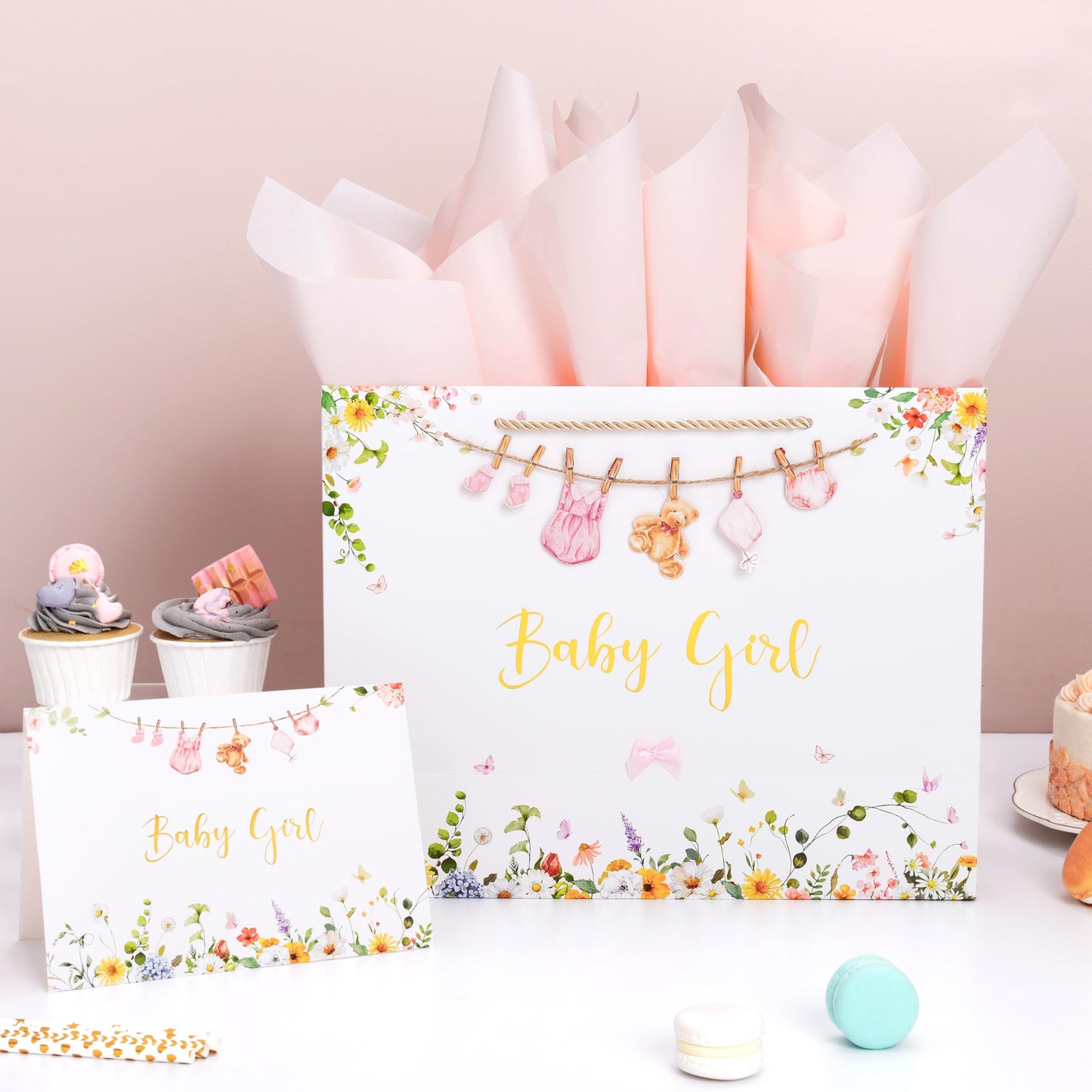 Crisky 13" Large Baby Shower Gift Bag with Tissue Paper, Gift Card and Bow for Baby Shower Decorations for Girl Kids Birthday Gifts(Features a Babysuit Banner and Pink Bow)