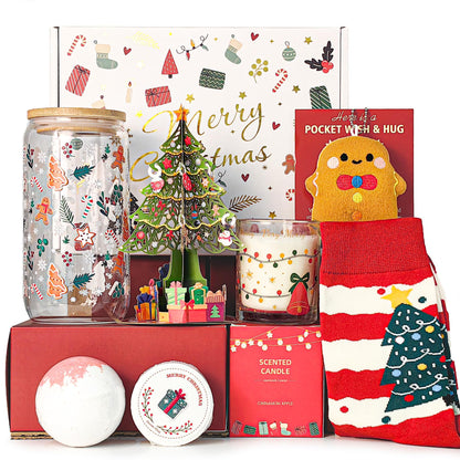 Christmas Gift for Women 2026, Unique Christmas Basket for Coworker Teacher Employee Sister Best Friend Mom Wife, Xmas Holiday Gifts for Women Secret Santa Gift Box Set with Holiday Glass Cup