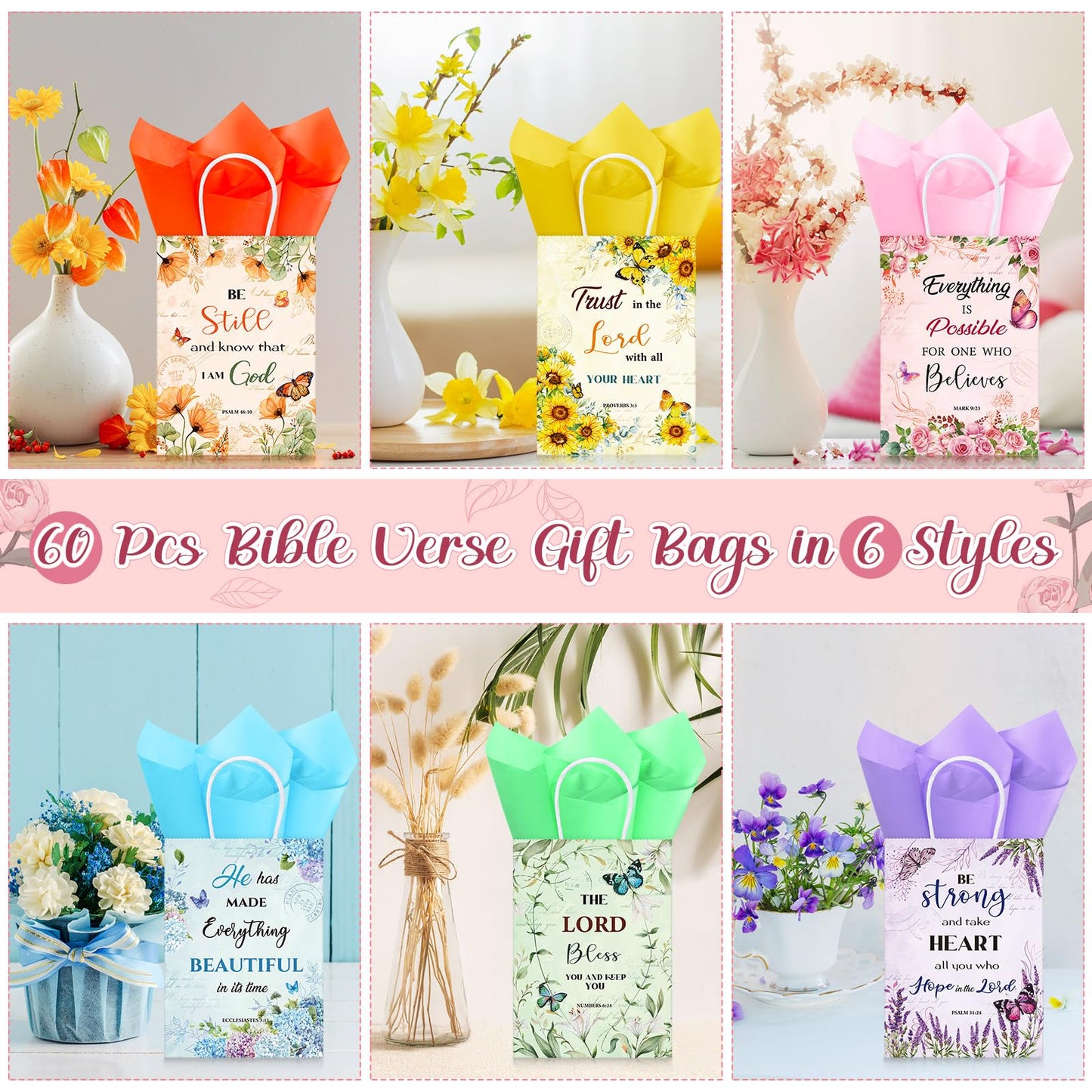 Pasimy 120 Pcs Christian Gift Bags Sets with 60 Religious Floral Bags and 60 Tissue Paper Floral Mother's Day Goody Bag Christian Bible Verse Gift Bag for Women Teacher Mother's Day Birthday Party