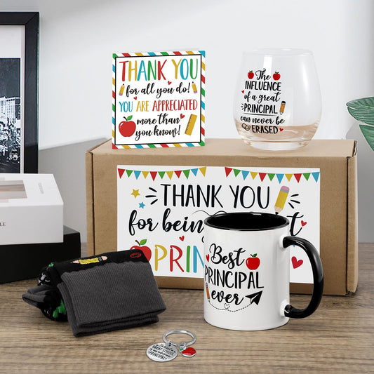 Nefelibata 5Pcs Principal Appreciation Gifts for Man Women School Assistant Funny Socks Wine Glass Coffee Mug Keychain Thank You Card Gift Box for Principal Work Graduation Christmas Retirement Gifts