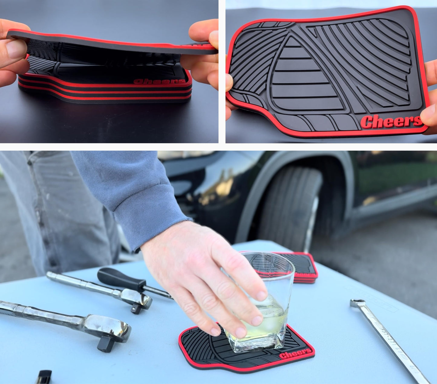 Car Mat Coasters Set of 4 Red Cheers Sign 6x4in, Funny Car Lovers and Racing Fans Gift, Silicone Drink Coasters, Dishwasher Safe, Man Cave Accessories, Mechanic Gift for Car Guys