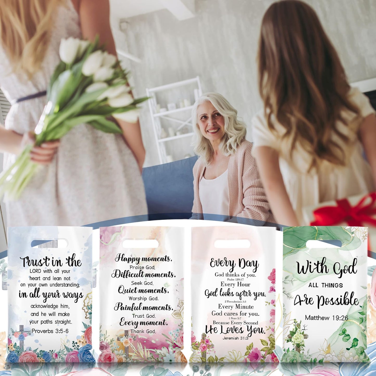Yinder 60 Pcs Christian Gift Bags with Handles for Women Religious Plastic Bag with Bible Verse Bulk for Church Religious Christian Gifts Inspirational Flower Pouches for Women Party Favor Church