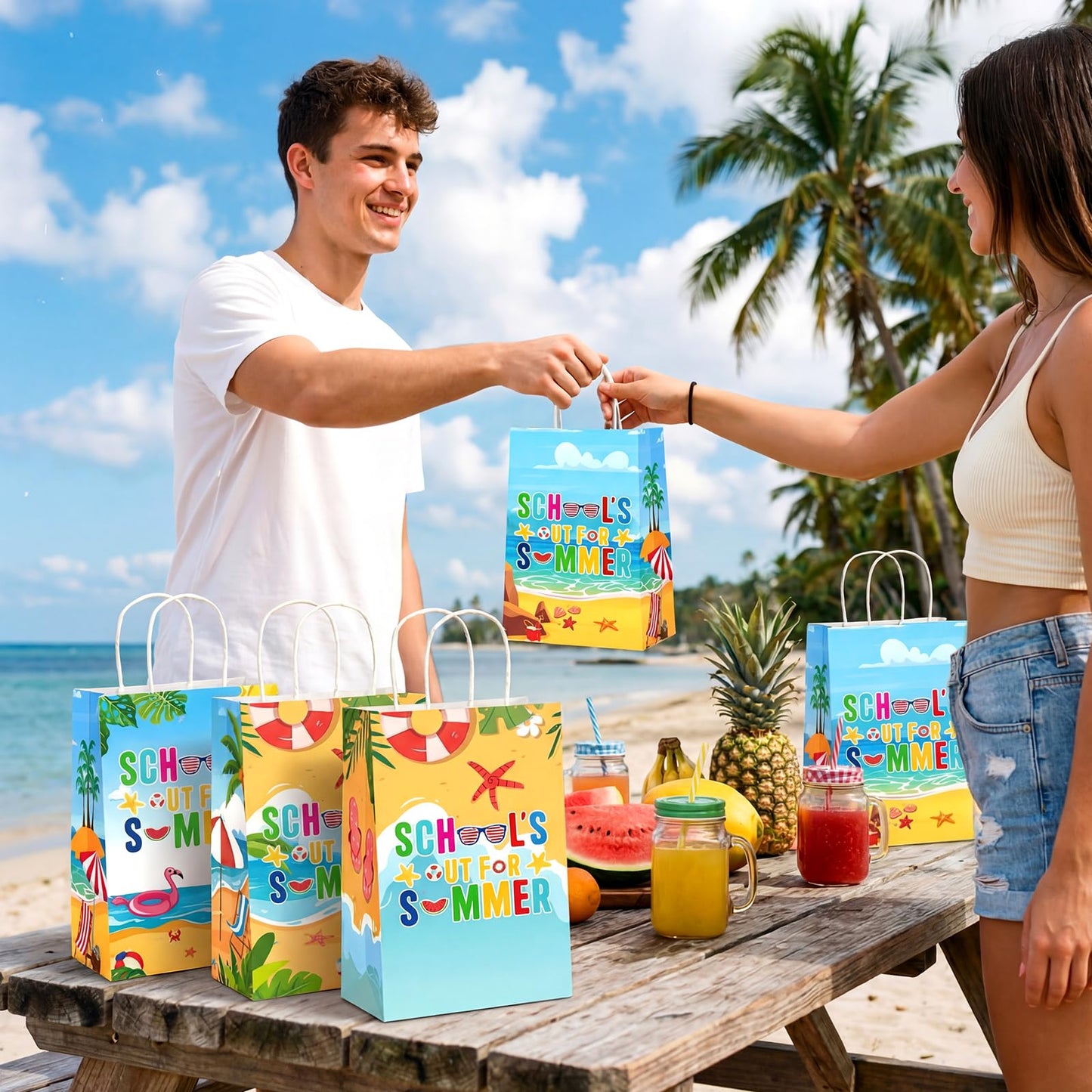 Yexiya 24 Pcs Summer Party Gift Bags Beach Themed Paper Treat Bags with Handles Candy Treat Paper Handbag for Birthday Parties, Summer Vacations, Weddings, Baby Showers Beach and Pool Celebrations