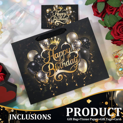 Black Birthday Gift Bag with Tissue Paper and Greeting Card, 12.6“x9.9"x4.3" Happy Birthday Gift Bags for Party, Yellow Balloon Design Gift Wrap Bags Decor for Men, Women and Kids, 1 PCS, Medium Size