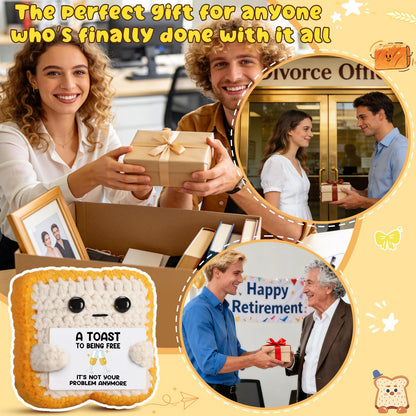 Crochet Toast “A Toast to Being Free” Plush – Funny Celebration Gifts for Woman Men Best friend Coworker “It’s Not Your Problem Anymore” Card for Leaving Workor, Retirement, Divorce, Graduation Gift