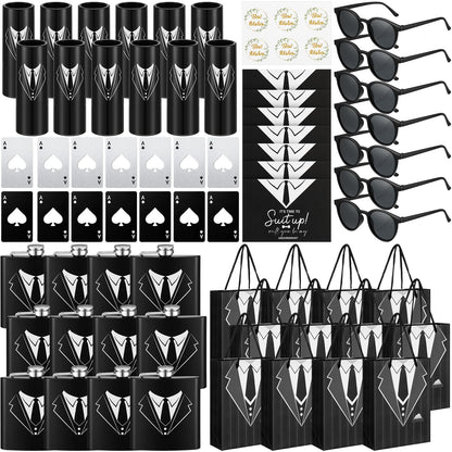 Bokon 72 Pcs Groomsmen Gifts for Men Stainless Steel Tuxedo Flask Groomsmen Gauge Glasses Poker Bottle Opener Groomsman Gift Bag Sunglasses with Cards for Wedding Bachelor Party Favors