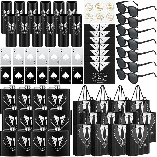 Bokon 72 Pcs Groomsmen Gifts for Men Stainless Steel Tuxedo Flask Groomsmen Gauge Glasses Poker Bottle Opener Groomsman Gift Bag Sunglasses with Cards for Wedding Bachelor Party Favors
