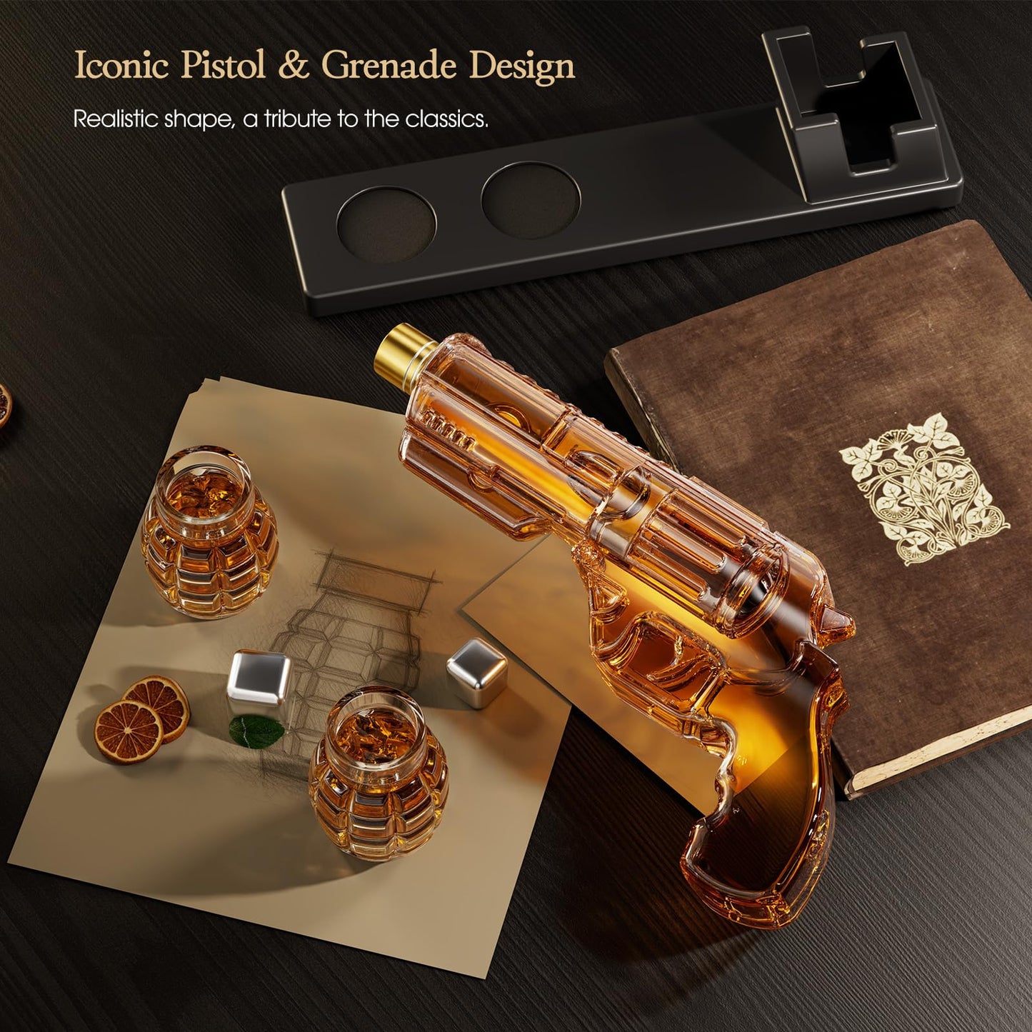 Kollea Whiskey Decanter Set with Grenade-Shaped Shot Glasses, Anniversary Birthday Gifts for Men Who Have Everything, Whiskey Gifts for Father, Husband, Boyfriend & Military Enthusiasts, Fathers Day