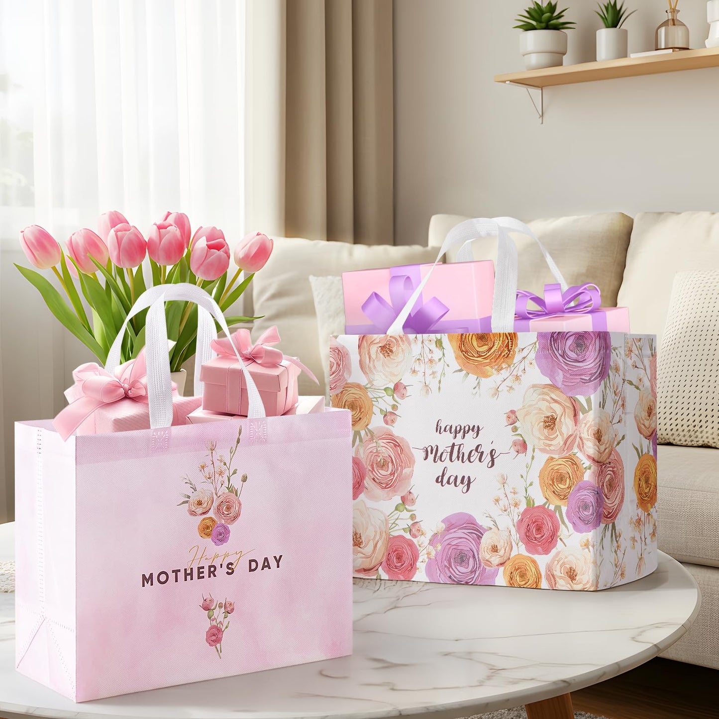 STYPOP 2 Pack 13" Large Mothers Day Gift Bags with Tissue Paper, Reusable Non-Woven Pink Gift Bags with Handles, Mothers Day Gifts for Mom/Grandma/Friends, 12.8"*10.2"*6.3"