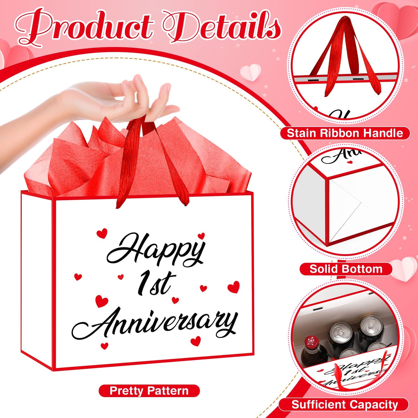 Innovoscape Happy 1st Anniversary Party Gift Bag 1st Anniversary Favor Bag with Card and Tissue Paper Valentine's Day Gift Bag Large One Year Wedding Bag for Couple Wedding Party Decorations