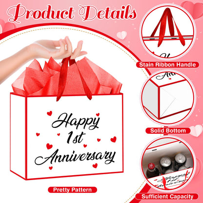 Innovoscape Happy 1st Anniversary Party Gift Bag 1st Anniversary Favor Bag with Card and Tissue Paper Valentine's Day Gift Bag Large One Year Wedding Bag for Couple Wedding Party Decorations