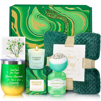 Birthday Gifts for Women, Thank You Gifts, Get Well Soon Relaxing Spa Gift Basket with Flannel Blanket for Mom, Grandma, Sister, Wife, Girlfriend, Teacher Appreciation Graduation Gift (green)