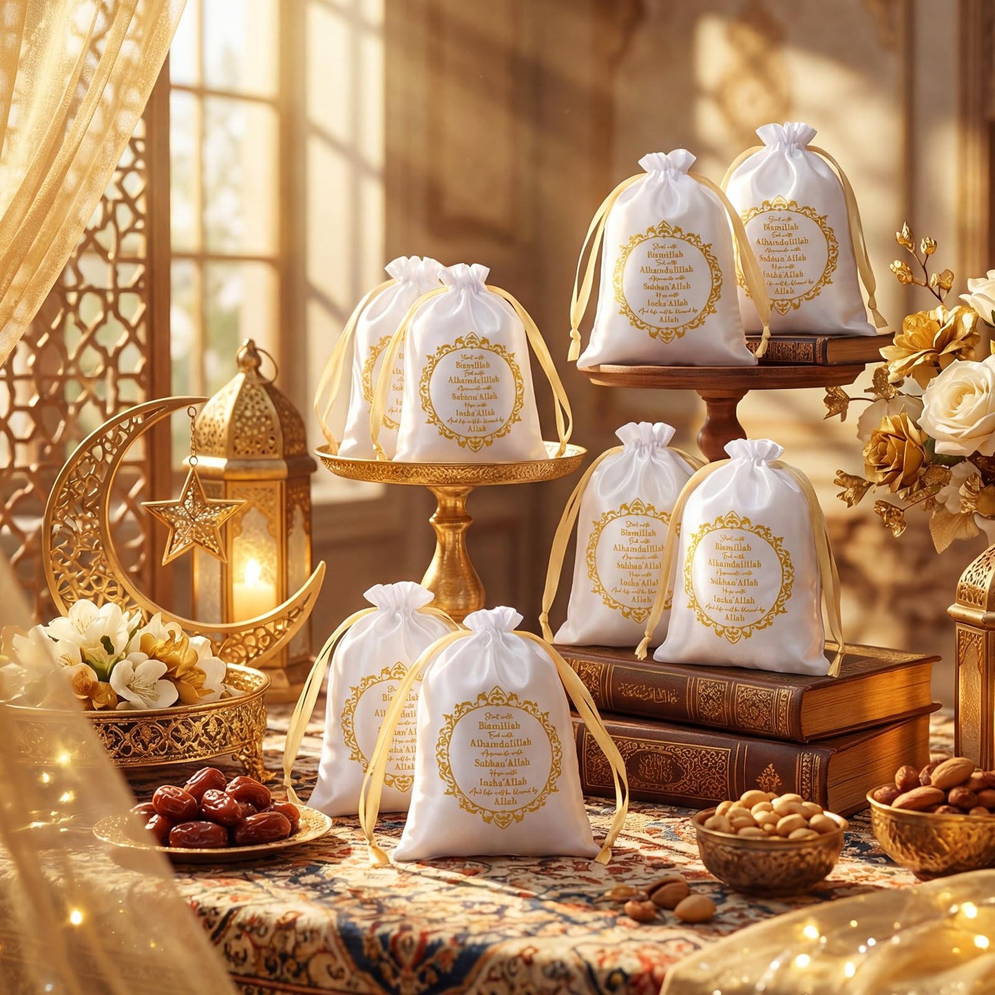 SATINIOR 36 Pcs Eid Ramadan Mubarak Satin Gift Bags 5 x 7 Inch Drawstring Eid Party Favor Silk Bags Mubarak Jewelry Pouch for Islamic Ramadan Gift Supplies Candy Bag Muslim Party Decoration