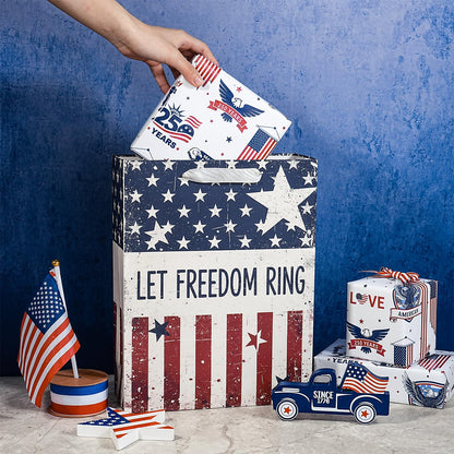 LeZakaa 13" Patriotic Gift Bag with Tissue Paper, Let Freedom Ring American Flag Gift Bag for 4th of July Independence Day Party Gifts, Memorial Day, 13" x 10" x 5", 1 Pc