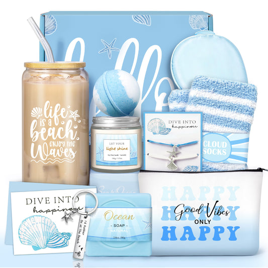 Birthday Gifts for Women, Ocean-Themed Gift Set for Women, Inspirational Thank You Gift Box, Christmas Gifts Beach Spa Self Care Basket for Her Teen Girl Sister Friend Friendship Mom
