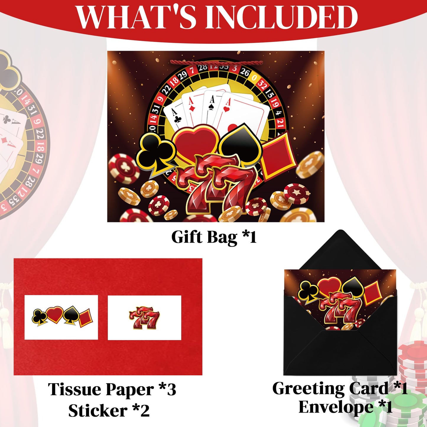 Xustanina 13" Large Casino Birthday Gift Bag (Includs Card, Tissue Paper, Envelope and Stickers), Poker-Themed Gift Bag, Las Vegas Birthday Party Supplies for Men and Women