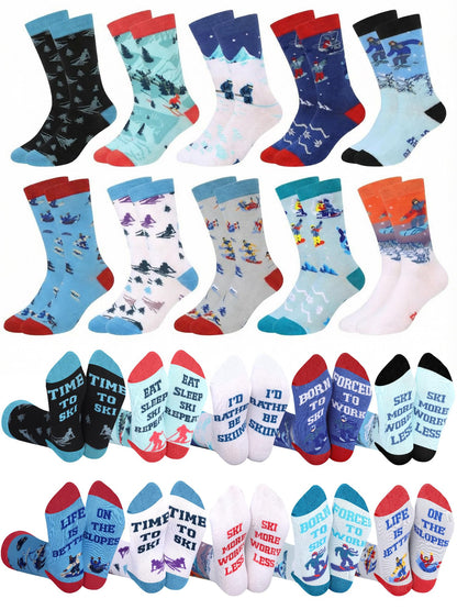 Maiteenly 10 Pairs Funny Ski Crew Socks for Women Adults - Novelty Snow Skiing Casual Socks Bulk Ski Accessories Gift for Women Men Skiers Snowboarding Lover