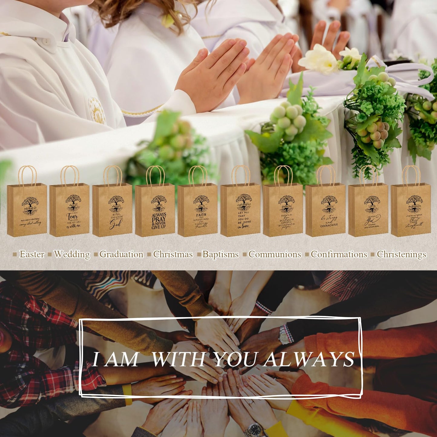 Motipuns 20 Pcs Christian Gift Bags for Father's Day Religious Kraft Paper Bags Bulk with Handle Bible Verse 6 x 3 x 8 Inches for Church Members Baptism Pastor Family