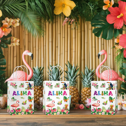Hxezoc 12 Pieces Hawaiian Gift Bags with Handle, Paper Treat Luau Candy Bag Summer Tropical Palm Leaf Favor Bags for Hawaiian Theme Festival Luau Holiday Party Decoration Supplies