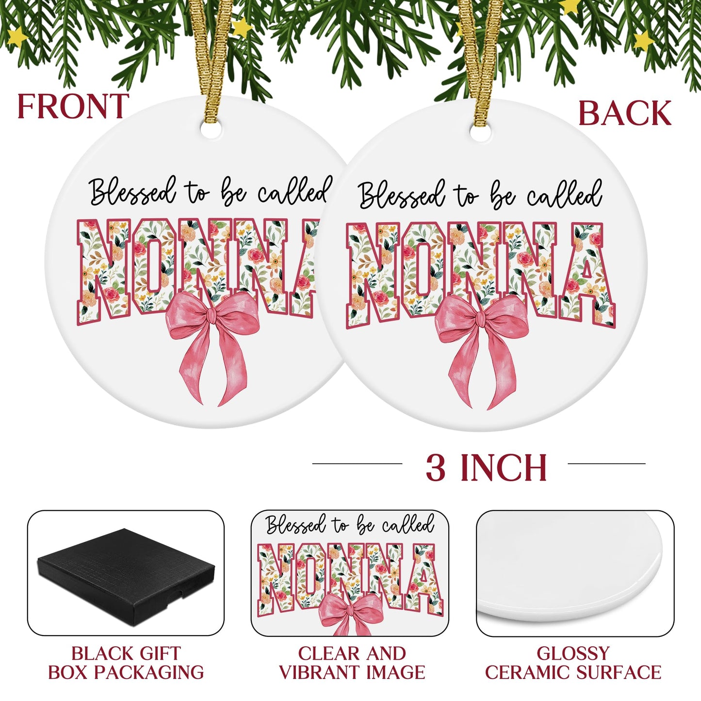 Blessed to Be Called Nonna Mothers Day Birthday Christmas Tree Ceramic Ornaments Gifts for Grandma from Grandkids, Grandma Ornaments for Christmas Tree Decorations Gifts for Nonna, 3x3Inch