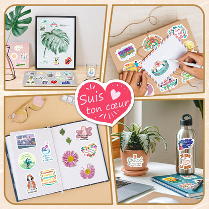 WAKEMOODEI 200 PCS French Inspirational Stickers for Teens Adults Kids, Motivational French Stickers for Students Teachers, Vinyl Positive Gifts Water Bottle Decals