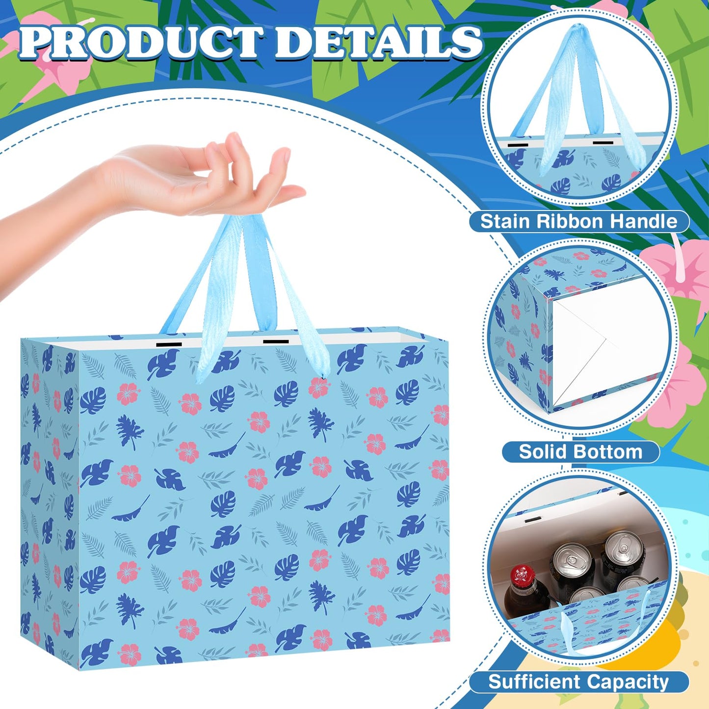 Wayyogh Hawaiian Gift Bag Cute Cartoon Blue Pink Hibiscus Party Gift Bags with Wrapping Tissue Paper and Greeting Card Hawaiian Wrapping Paper for Birthday Baby Shower Holiday Party Supplies