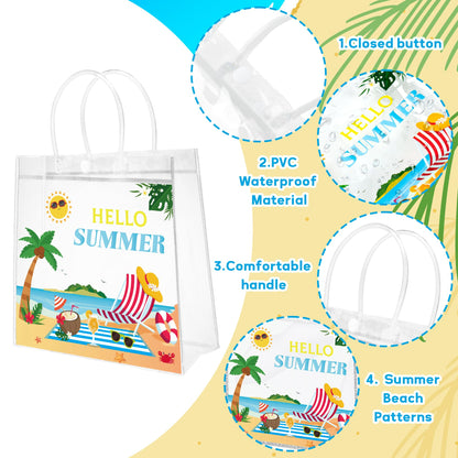 H1vojoxo Hello Summer Gift Bags - 24PCS Sunny Beach Clear Gift Bags with Handles 7.87 x 3.2 x 7.87 Inch Reusable PVC Plastic Transparent Waterproof Tote Bag for Summer Party Birthday Party Supplies