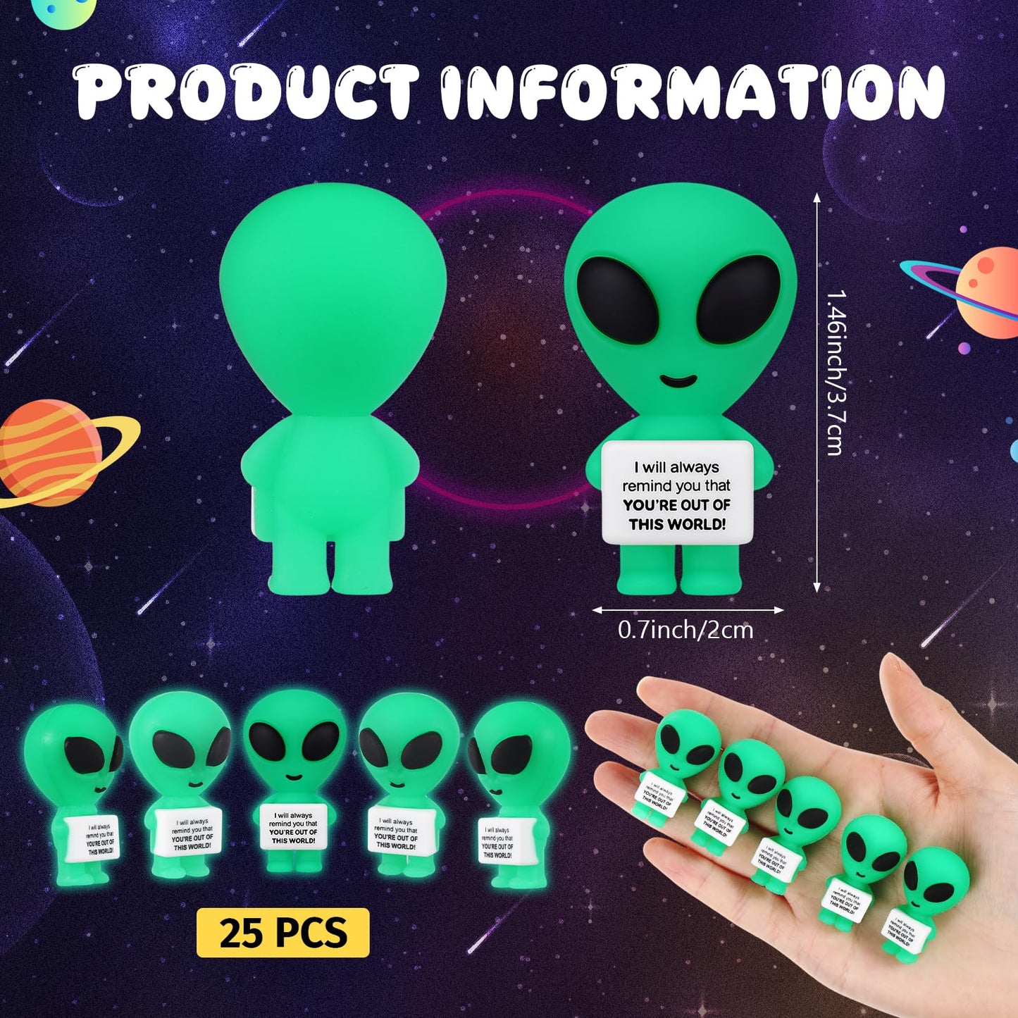 Gejoy 25 Pcs Mini Alien Figures Positive Gifts Motivational Message Decorations Inspirational Rubber Mini Alien Figurines for Colleague Staff Teacher