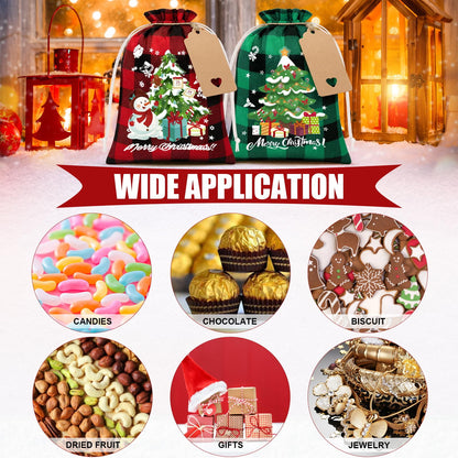 FLOE 24Pcs Burlap Christmas Drawstring Bags, 6x8in Buffalo Plaid Xmas Gift Bags w/Tag Xmas Candy Bag Small Christmas Linen Treat Goody Gift Sacks Reusable Gifts Wrapping Bag Holiday Party Favors Sack