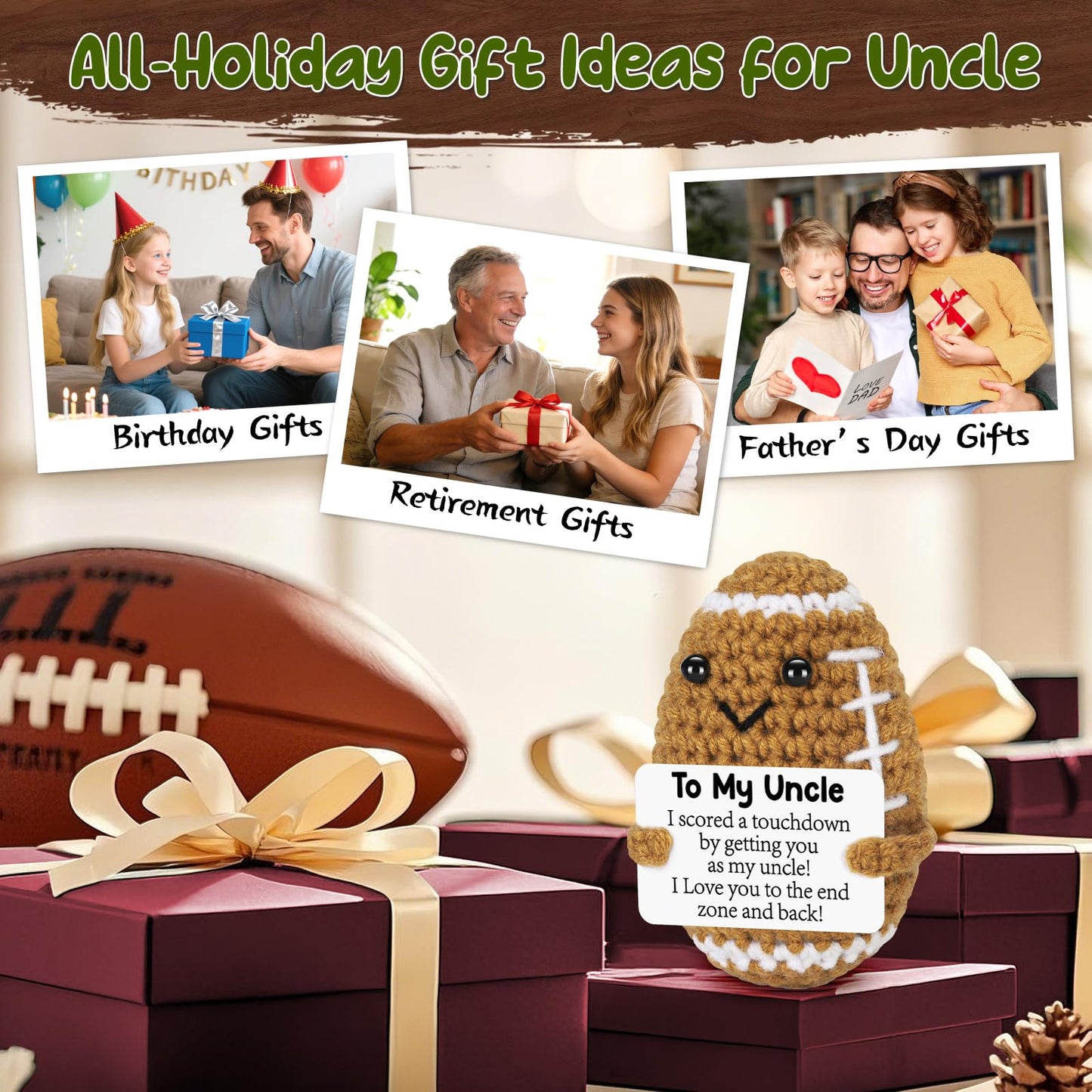 BiuNiuring Uncle Fathers Day Birthday Gifts from Niece Nephew, Father's Day Positive Handmade Crochet Uncle Gifts, Unique Funny I Love You Cute Football Small Gift for Uncles