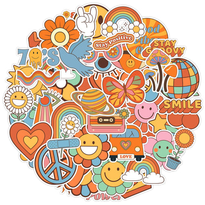 50 Pcs Hippie Stickers, Groovy Preppy Boho Daisy 70s RetroVinyl Waterproof Hippy Party Decorations Peace Sign Stickers for Laptop, Car, Water Bottles, Computer, Phone
