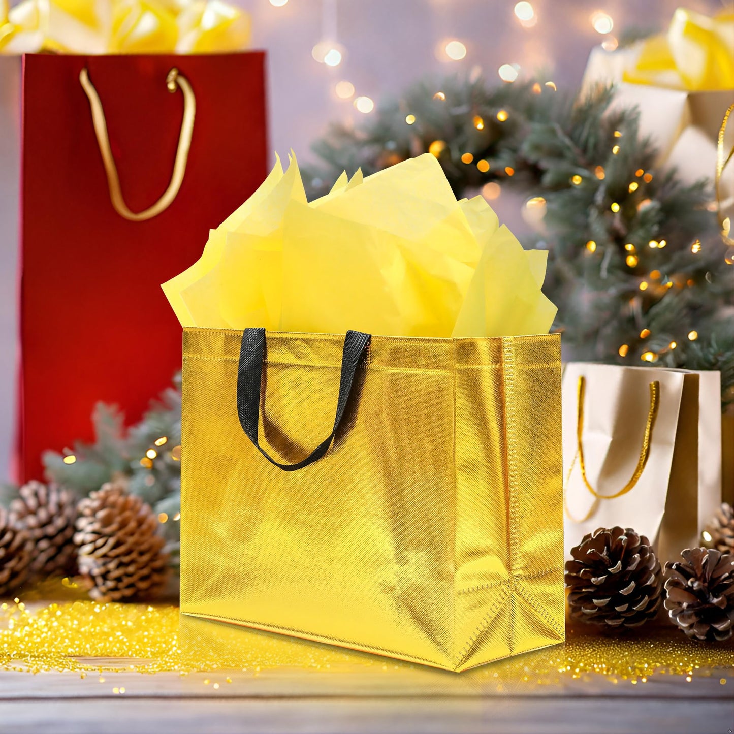 KeerxunBag 12Pcs Reusable Gift Bags（Includes Tissue Paper） Gift bag with handle Birthdays Parties Holidays Weddings Medium 13x5x11in Golden Yellow Gift Bags
