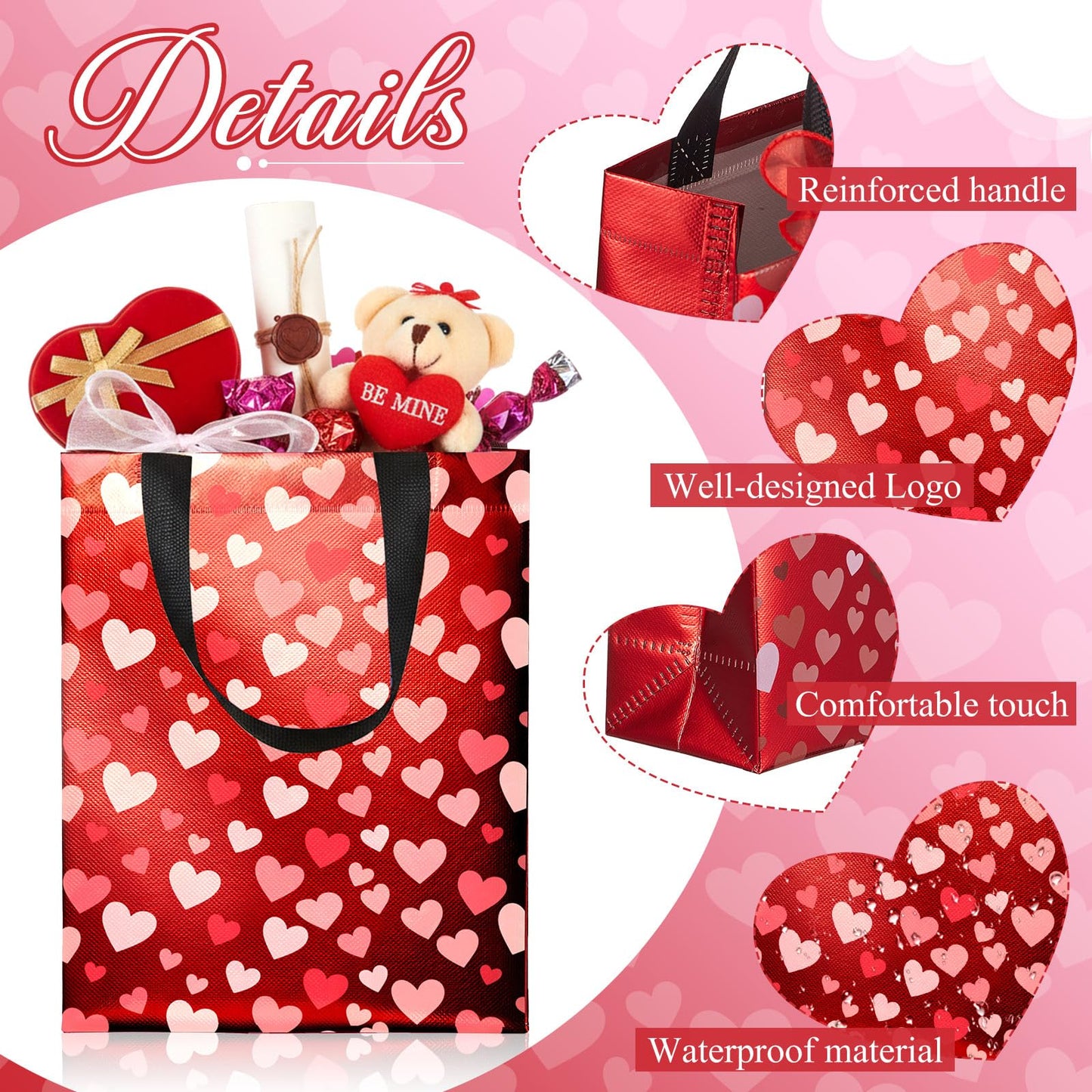 Henoyso 12 Pcs Valentines Day Gift Bags, Reusable Heart Gift Bags with Handle Ribbon, Iridescent Non-woven Holographic Medium Sparkly Tote Bulk for Valentines Party Favor Goodie Wrapping, 10 x 8 x 4''