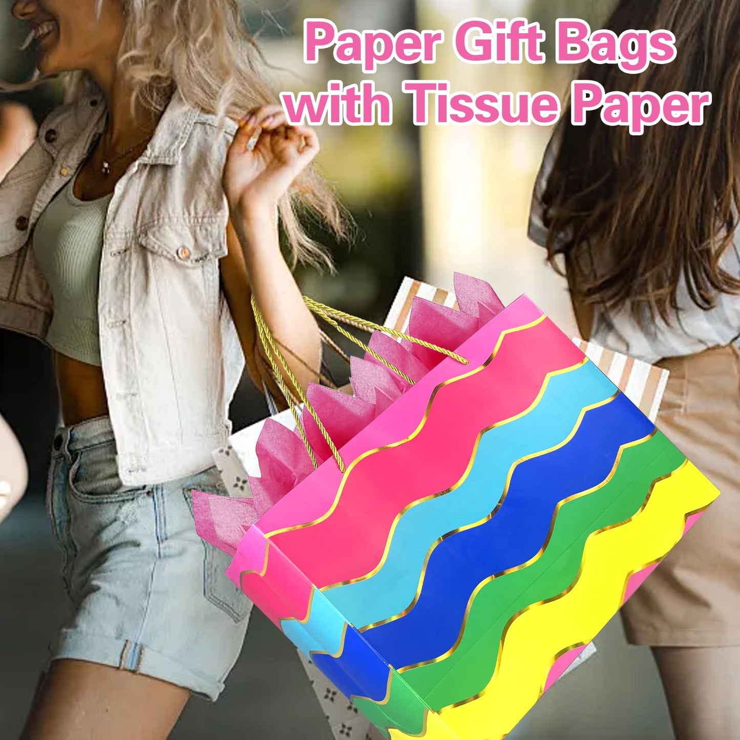 MUMULULU 5 Pack 16" Extra Large Gift Bags with Handle and Tissue Paper Birthday Gift Bags Rainbow Gift Bags for Birthday Party Baby Shower Wedding Holiday Presents