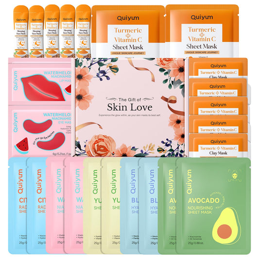 QUIYUM Skincare Set - 26PCS Face Masks & Lip-Eye Masks, Fruit & Turmeric VC Masks Gifts for Women Teen Girls, Travel Size Toiletries for Mother's Day Christmas Birthday