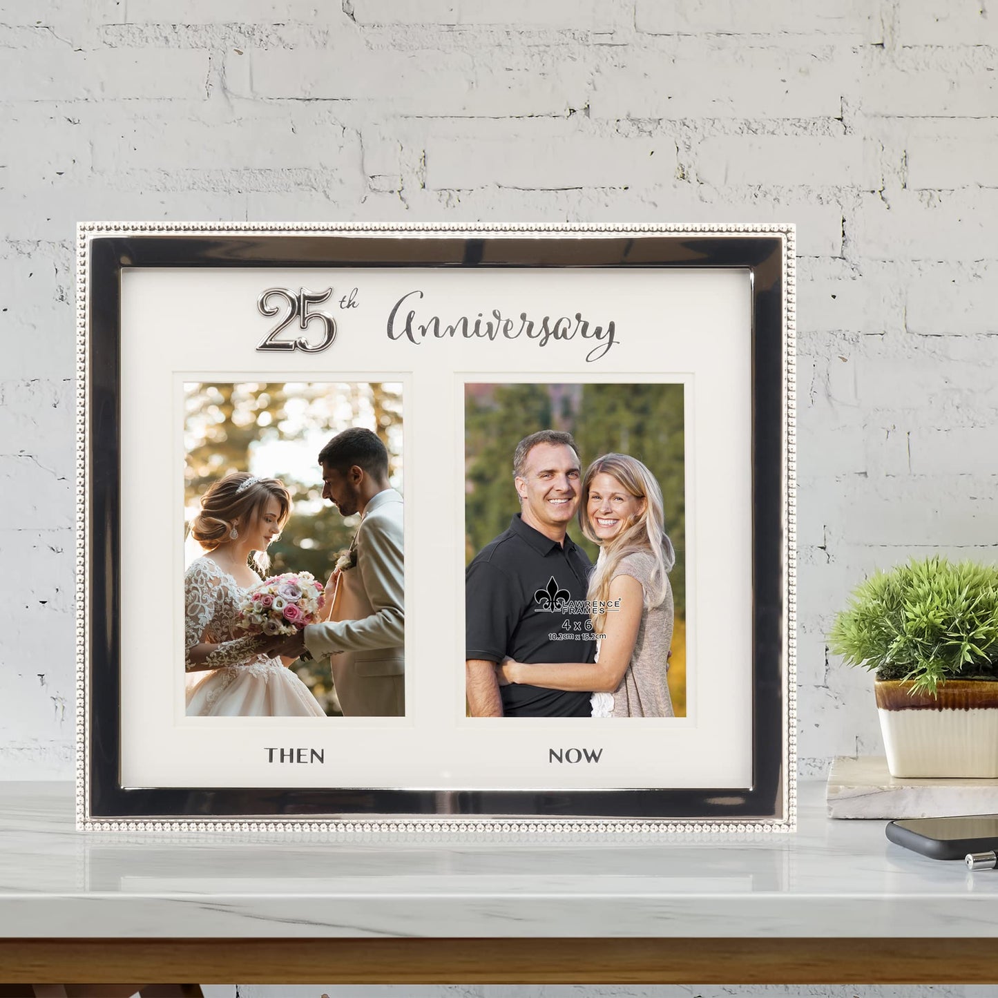 4x6 Double Silver Beaded Metal 25th Anniversary Picture Frame, Then and Now
