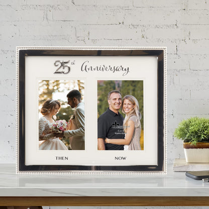 4x6 Double Silver Beaded Metal 25th Anniversary Picture Frame, Then and Now