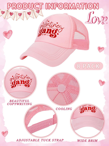 Suhine 8 Pack Galentine Gang Hat Bulk Galentines Day Party Supplies Valentine Gift Cap for Women Friends Pink Sleepover Party Supplies