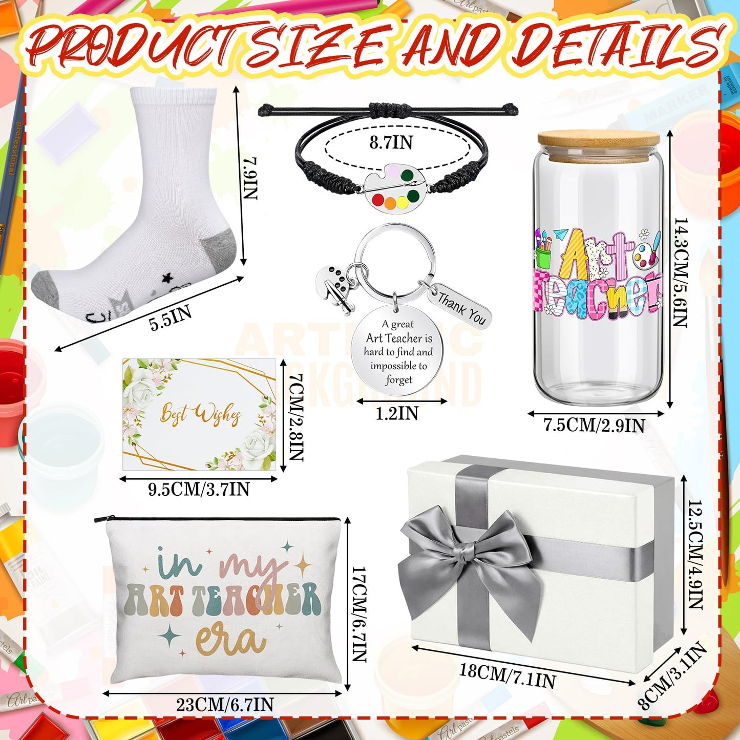 Remerry 7 Pcs Art Teacher Appreciation Gifts Include 16 oz Glass Cup Cosmetic Bag Socks Keychain Bracelet Card and Gift Box Ideas Thank You Basket for Art Teacher from Students