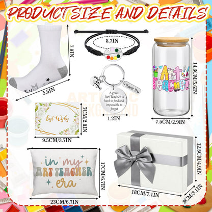Remerry 7 Pcs Art Teacher Appreciation Gifts Include 16 oz Glass Cup Cosmetic Bag Socks Keychain Bracelet Card and Gift Box Ideas Thank You Basket for Art Teacher from Students