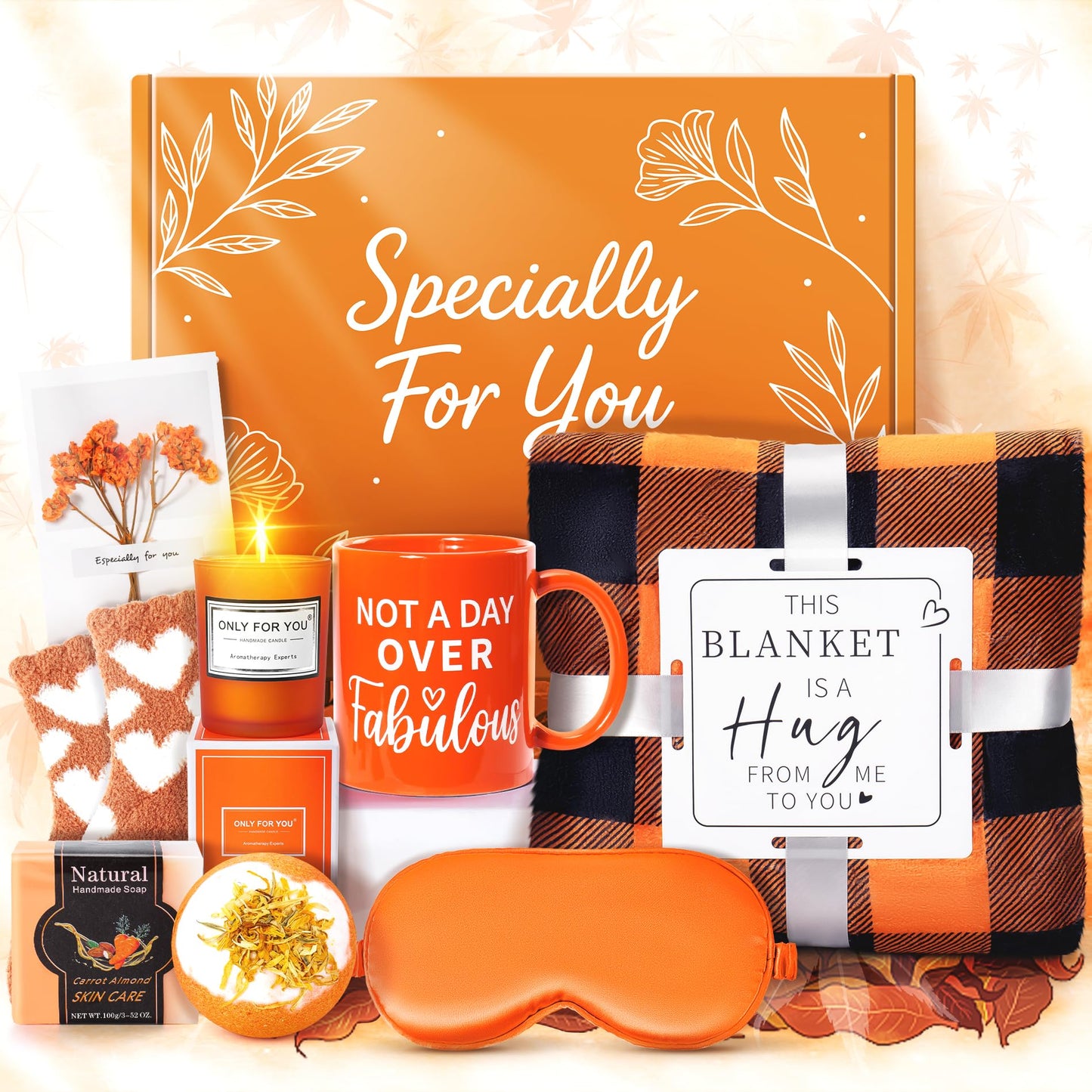Fortuning's JDS 13PCS Orange for Women,Thank You Birthday Baskets for Women Wife Mom Sister Friend Girlfriend Teacher Get Well Self Care Package Graduation,Sympathy,Retirement Thank You Gifts